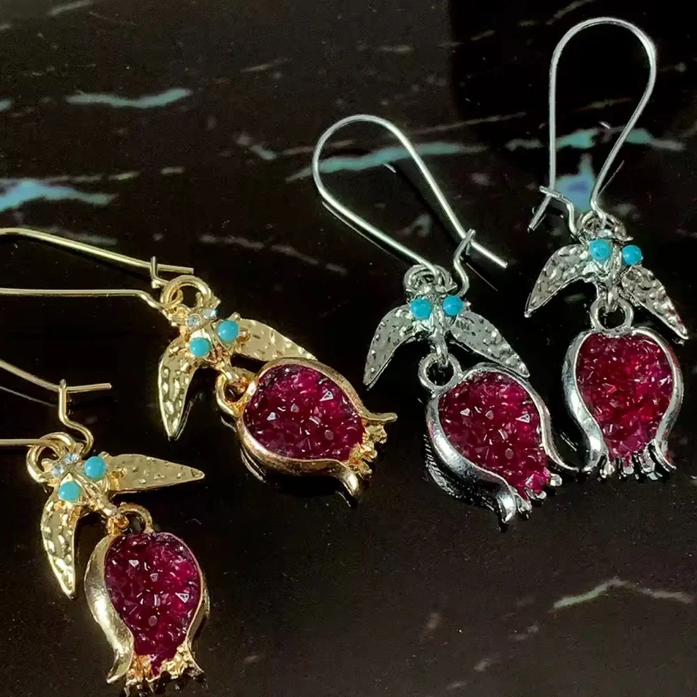 Vintage Pomegranate Red Silver Earrings - Picture 7 of 7